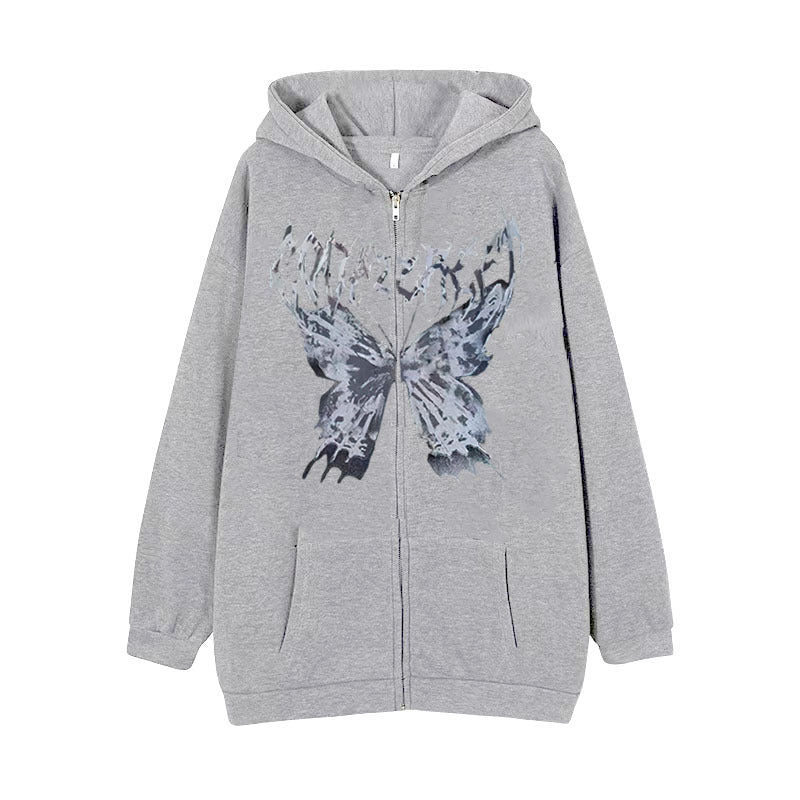 Knitted Loose Hoodie with Butterfly Print