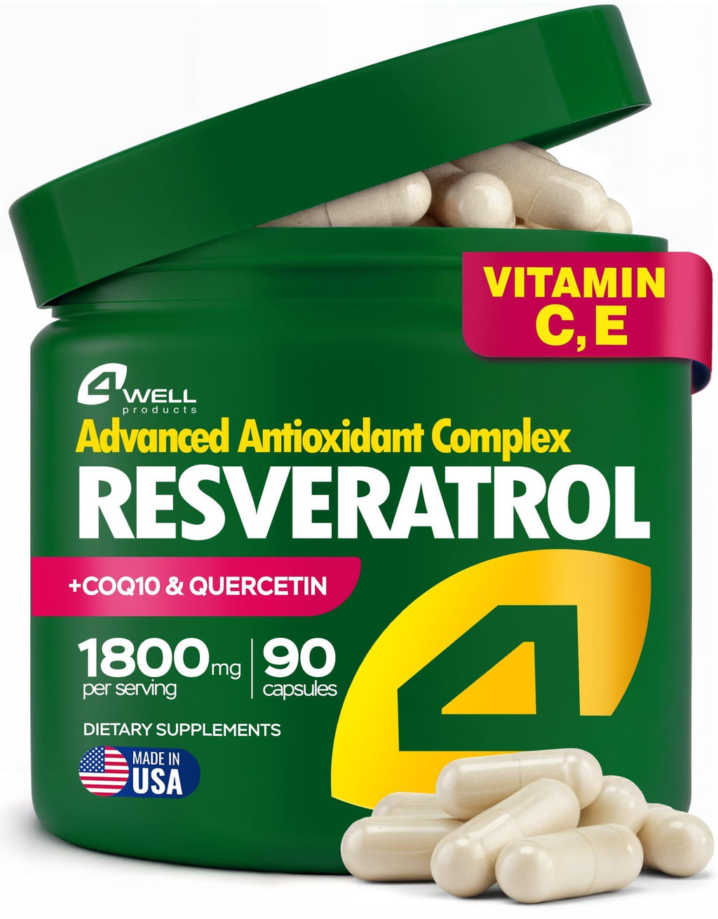 Resveratrol Supplement 1800mg Complex COQ10 Quercetin Vitamin E Calcium Ascorbate Powerful Antioxidant Formula for Enhanced Energy Heart Health & Healthy Aging Support Trans Resveratrol 90 Caps