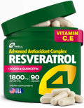 Resveratrol Supplement 1800mg Complex COQ10 Quercetin Vitamin E Calcium Ascorbate Powerful Antioxidant Formula for Enhanced Energy Heart Health & Healthy Aging Support Trans Resveratrol 90 Caps
