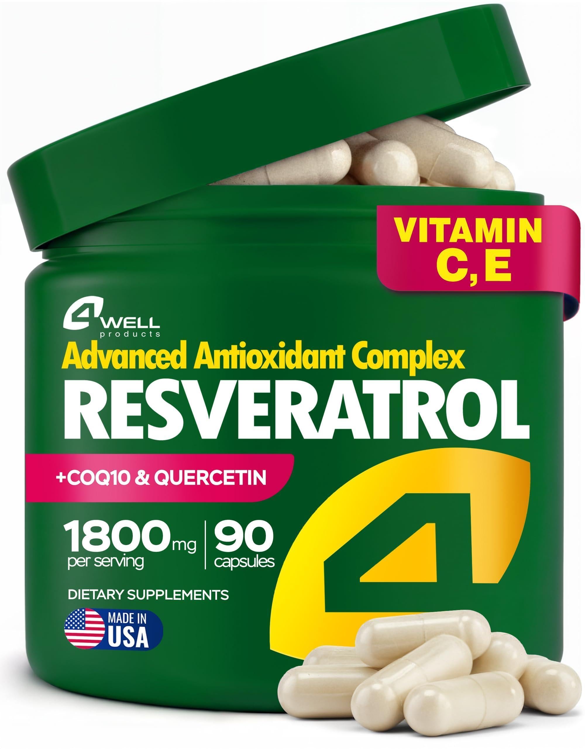 Resveratrol Supplement 1800mg Complex COQ10 Quercetin Vitamin E Calcium Ascorbate Powerful Antioxidant Formula for Enhanced Energy Heart Health & Healthy Aging Support Trans Resveratrol 90 Caps