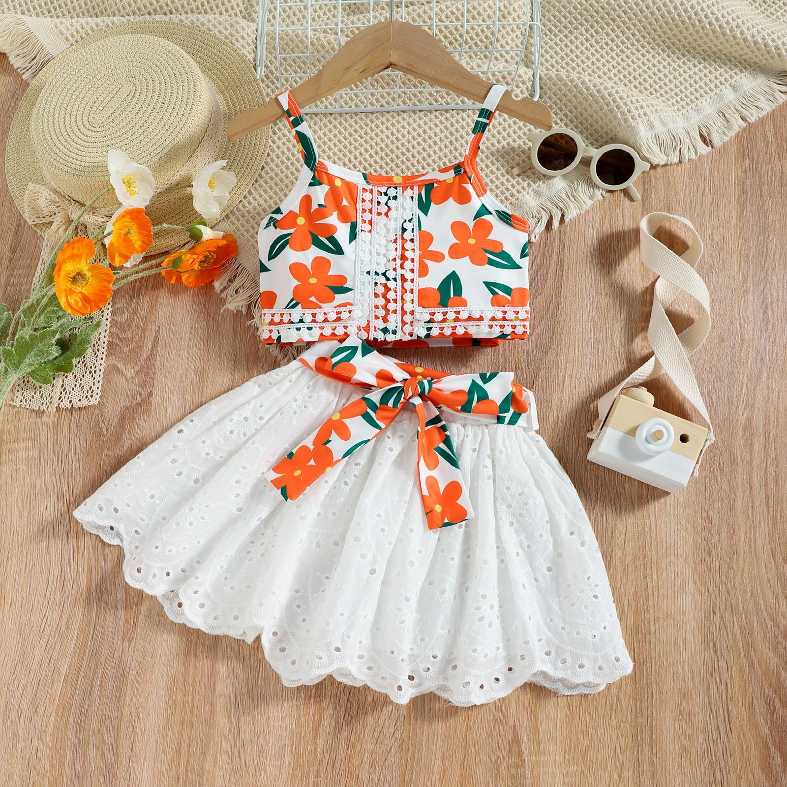 Summer Girls' Lace Strap Cotton Skirt Set for Ages 3-8