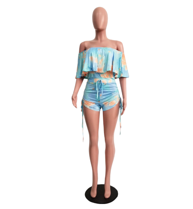 Camo Print Ruffle Hem Jumpsuit with Drawstring Pants