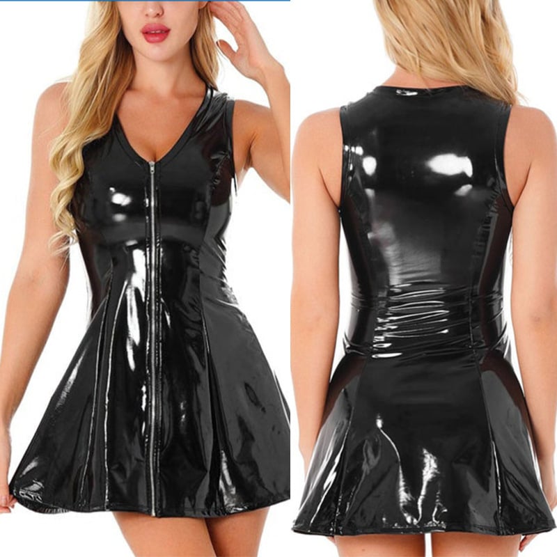 PU High Elastic V-neck Dress with Four-way Stretch