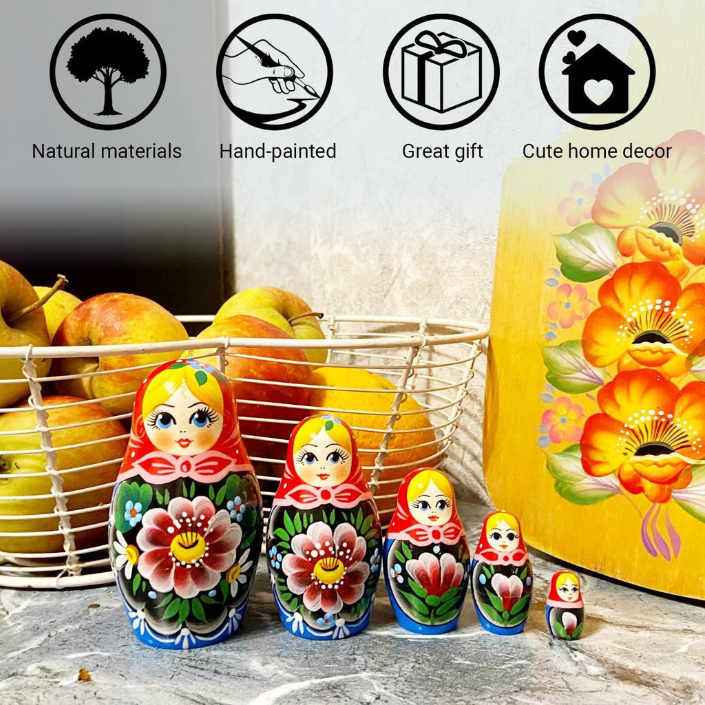Traditional Russian Nesting Dolls Set 5 pcs Handmade Babushka Nesting Dolls with Flowers Matryoshka Doll with Flower Decororations Munecas Rusas