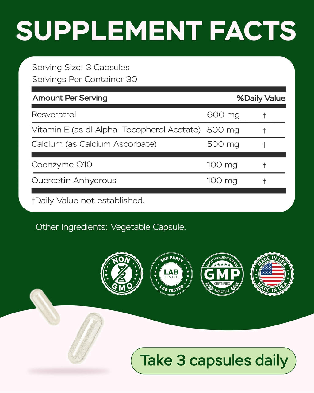 Resveratrol Supplement 1800mg Complex COQ10 Quercetin Vitamin E Calcium Ascorbate Powerful Antioxidant Formula for Enhanced Energy Heart Health & Healthy Aging Support Trans Resveratrol 90 Caps