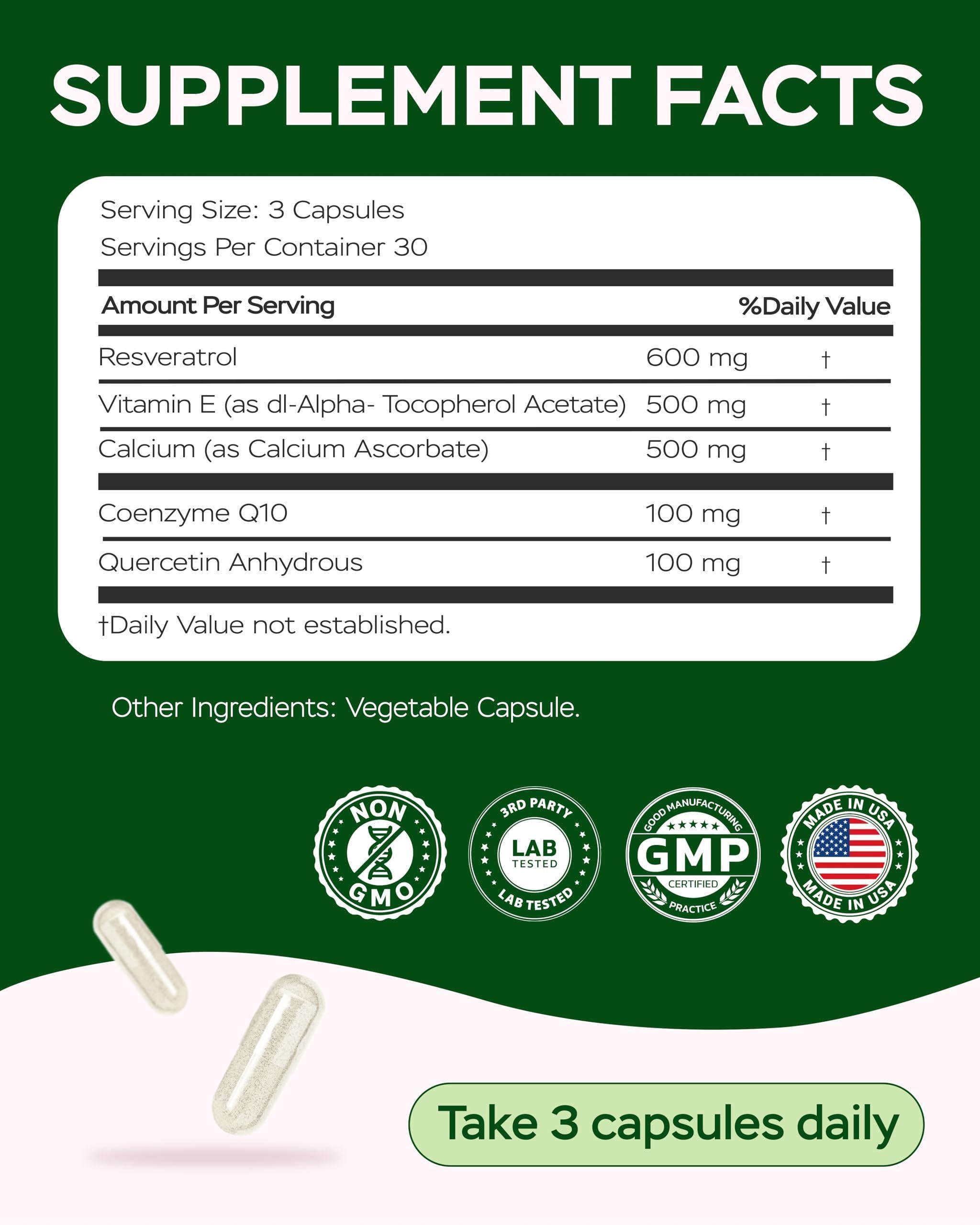 Resveratrol Supplement 1800mg Complex COQ10 Quercetin Vitamin E Calcium Ascorbate Powerful Antioxidant Formula for Enhanced Energy Heart Health & Healthy Aging Support Trans Resveratrol 90 Caps