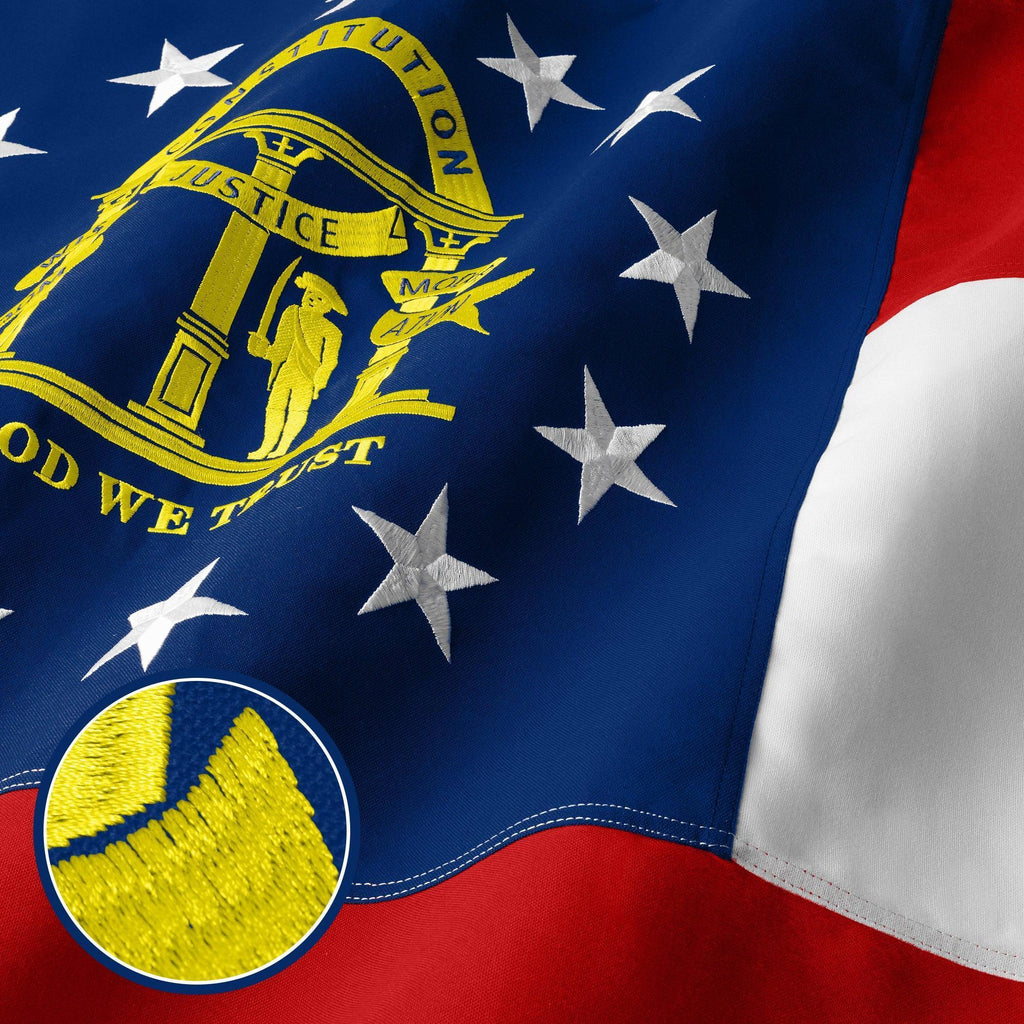 G128 Georgia State Flag  5x8 Ft  StormFlyer Series Embroidered 220GSM Spun Polyester  Embroidered Design, Indoor/Outdoor, Brass Grommets, Heavy Duty, All Weather