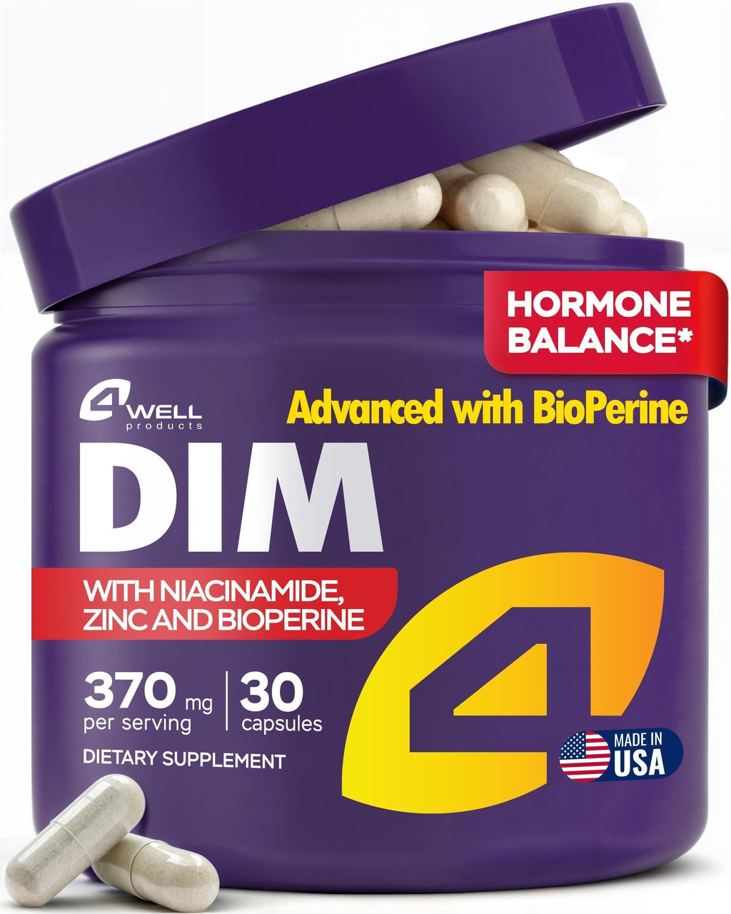 Dim Supplement 370mg Complex with Zinc Niacinamide Estrogen Blocker for Women & Men Hormone Balance Hormonal Acne Menopause and Antioxidant Support Diindolylmethane 30 Capsules