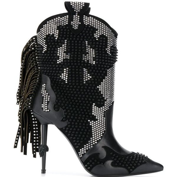 Colorblock Hot Drill Pointed Toe Fringe Short Boots