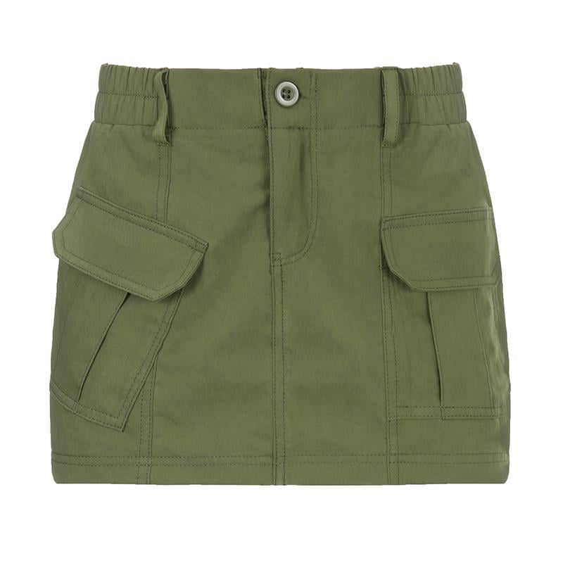 Pocket Stitching Army Green A-Line Woven Skirt