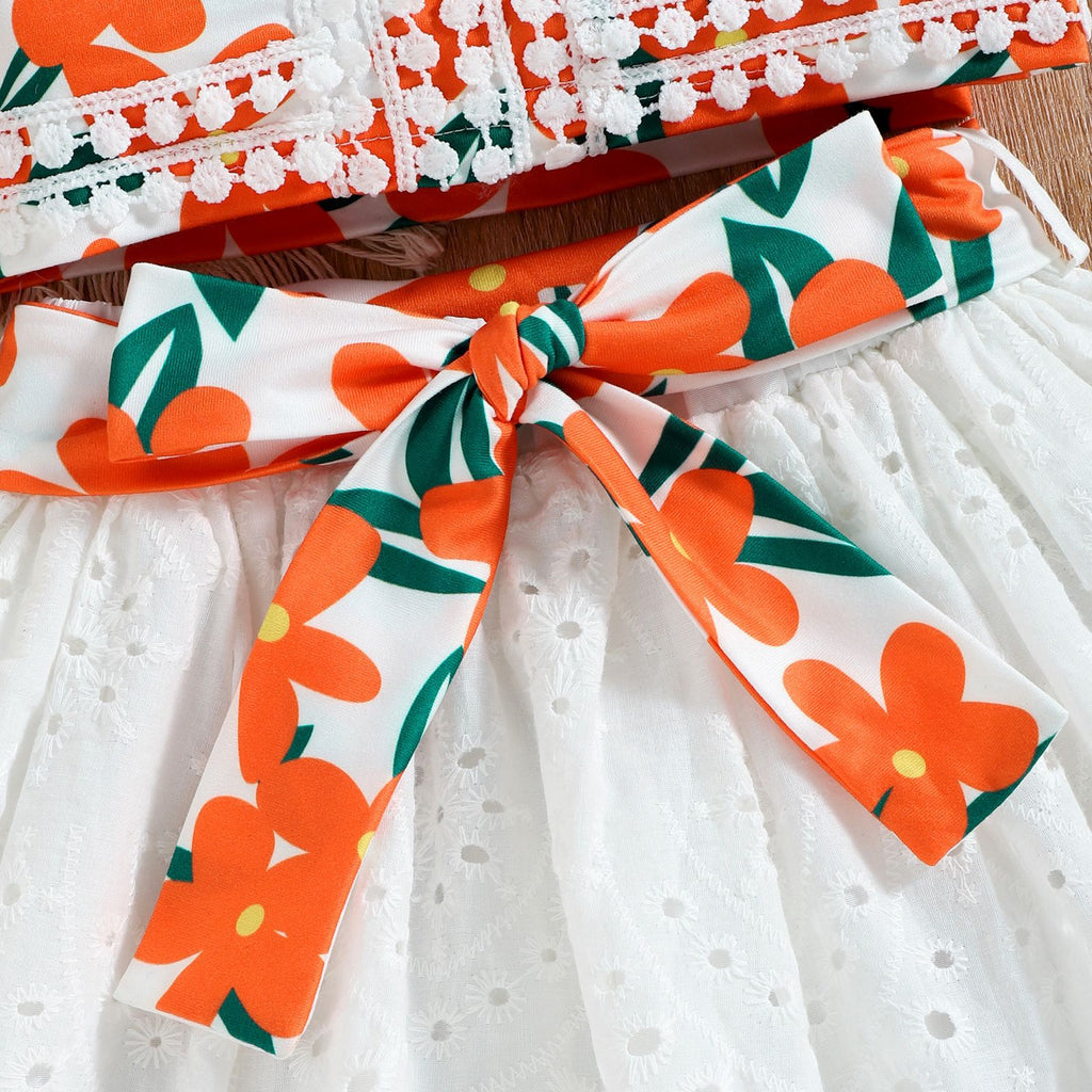Summer Girls' Lace Strap Cotton Skirt Set for Ages 3-8