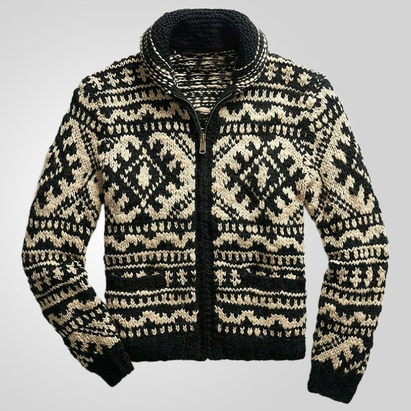 Men's Jacquard Knit Jacket with Collar for Fall/Winter
