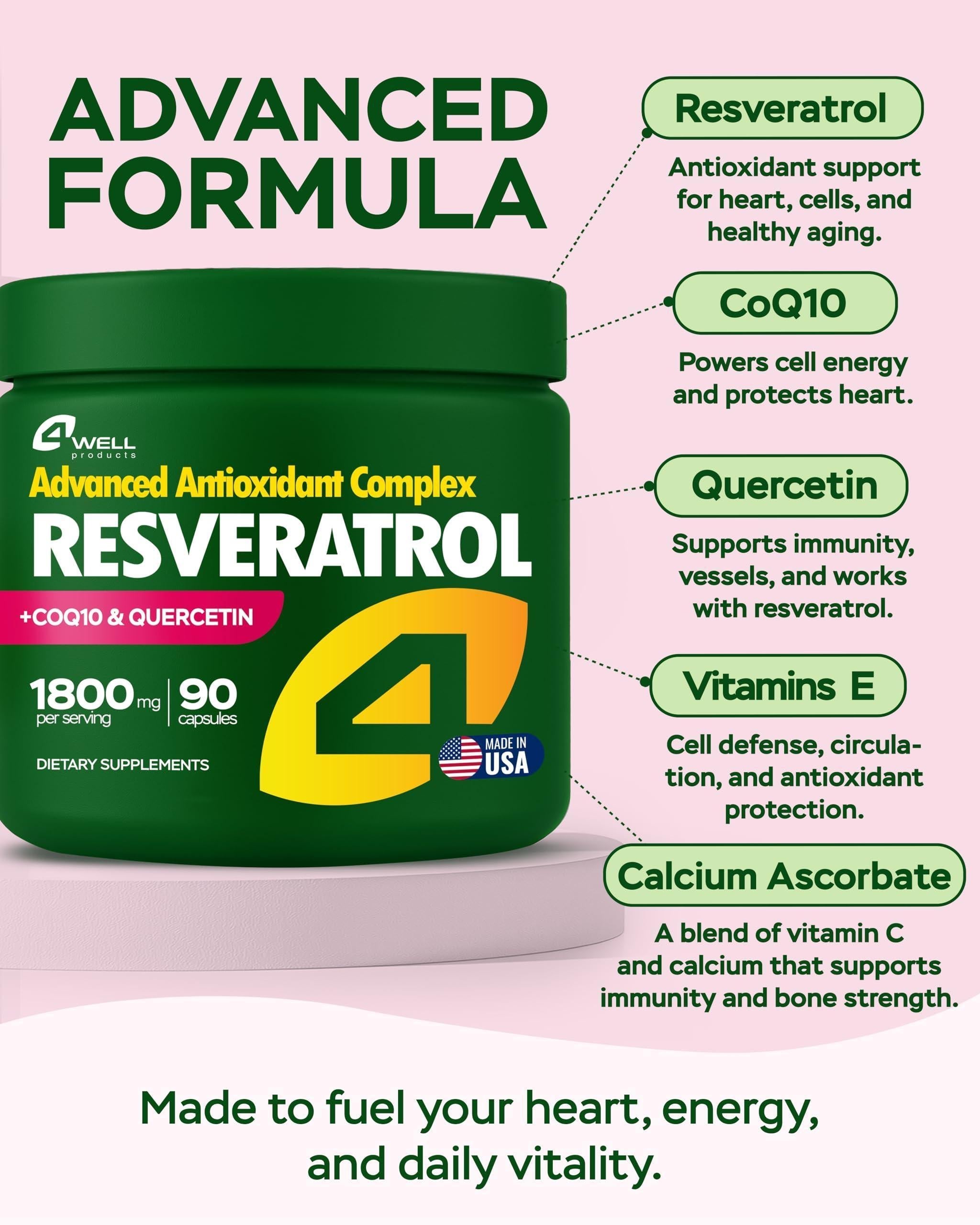Resveratrol Supplement 1800mg Complex COQ10 Quercetin Vitamin E Calcium Ascorbate Powerful Antioxidant Formula for Enhanced Energy Heart Health & Healthy Aging Support Trans Resveratrol 90 Caps