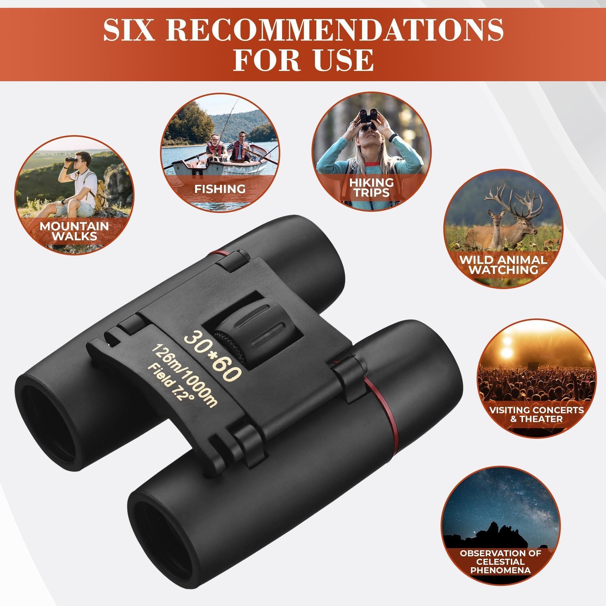 30x60 Travel Binoculars for Bird Watching Small Binoculars for Adults with 126M 1000M Wide Field of View 7.2° Angle & Storage Bag Designed for Hiking Birdwatching and Outdoor Adventures