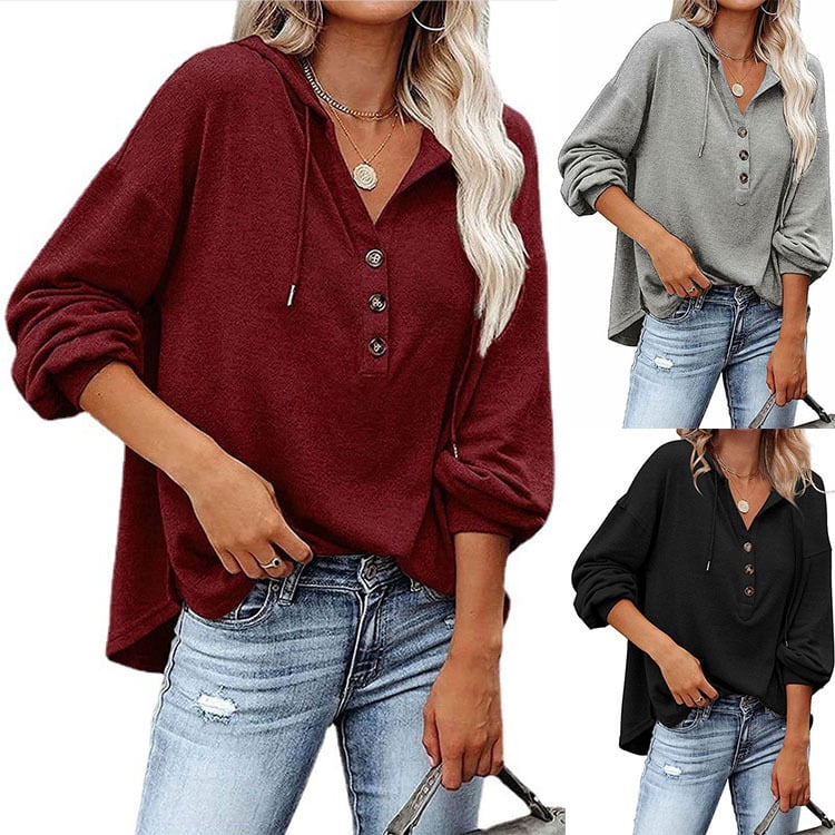 Loose Fit Solid Color Long Sleeve Hoodie Sweater Top