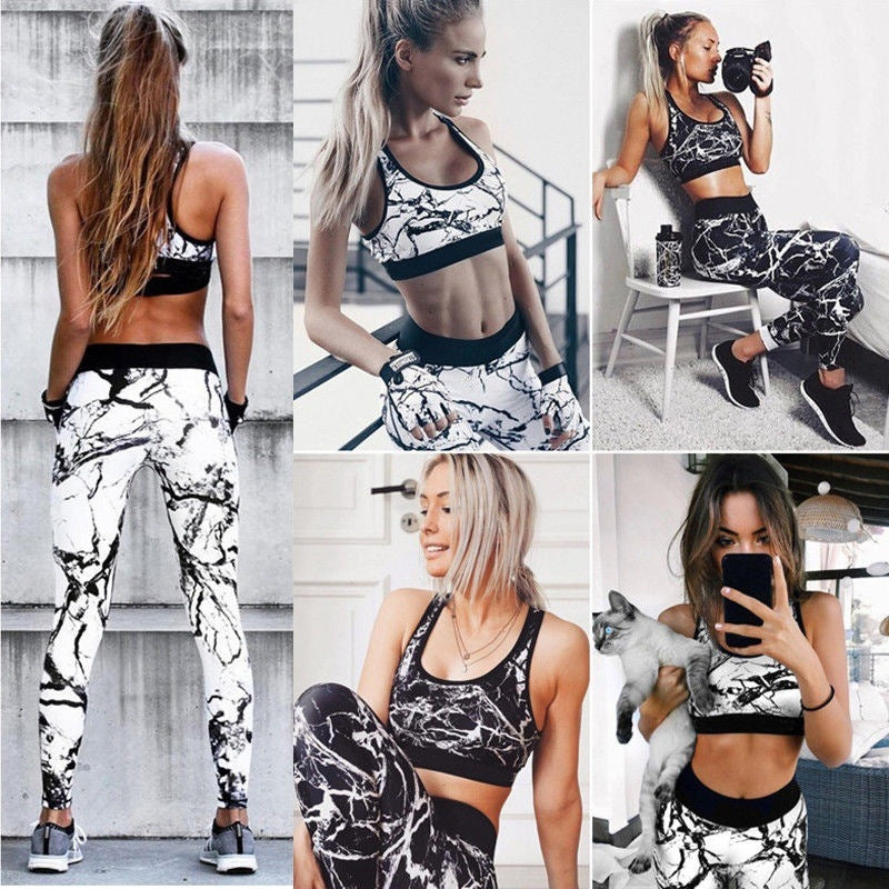 Printed Sports Yoga Set - Slim Fit Black and White