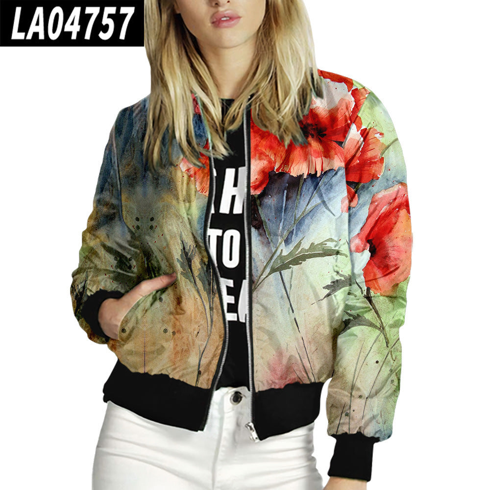 Floral Pattern Women's Stand-Up Collar Baseball Uniform