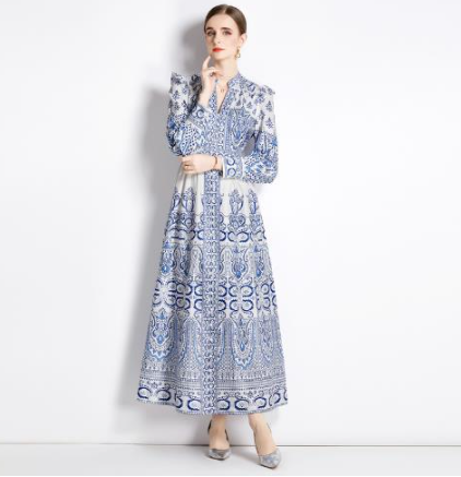 Vintage Court Style V-neck Lantern Sleeve Dress