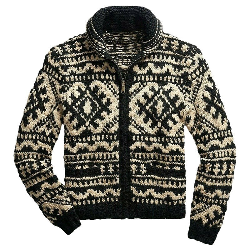 Men's Jacquard Knit Jacket with Collar for Fall/Winter