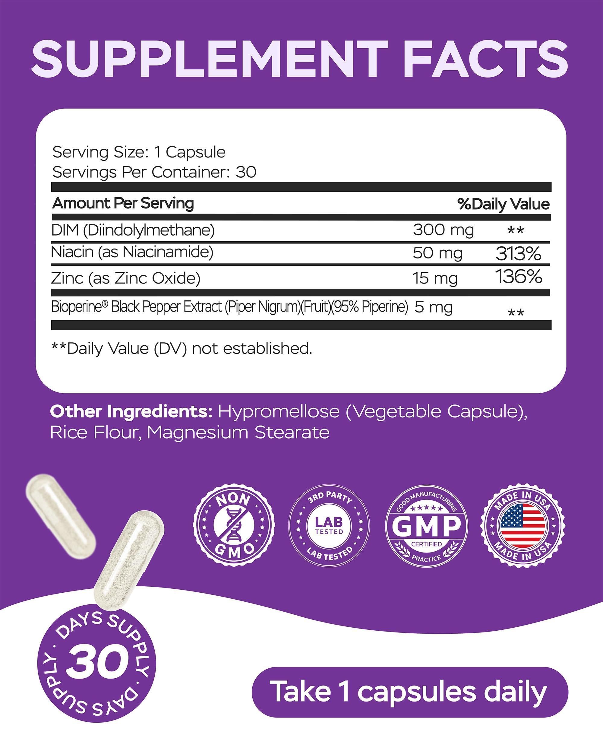 Dim Supplement 370mg Complex with Zinc Niacinamide Estrogen Blocker for Women & Men Hormone Balance Hormonal Acne Menopause and Antioxidant Support Diindolylmethane 30 Capsules