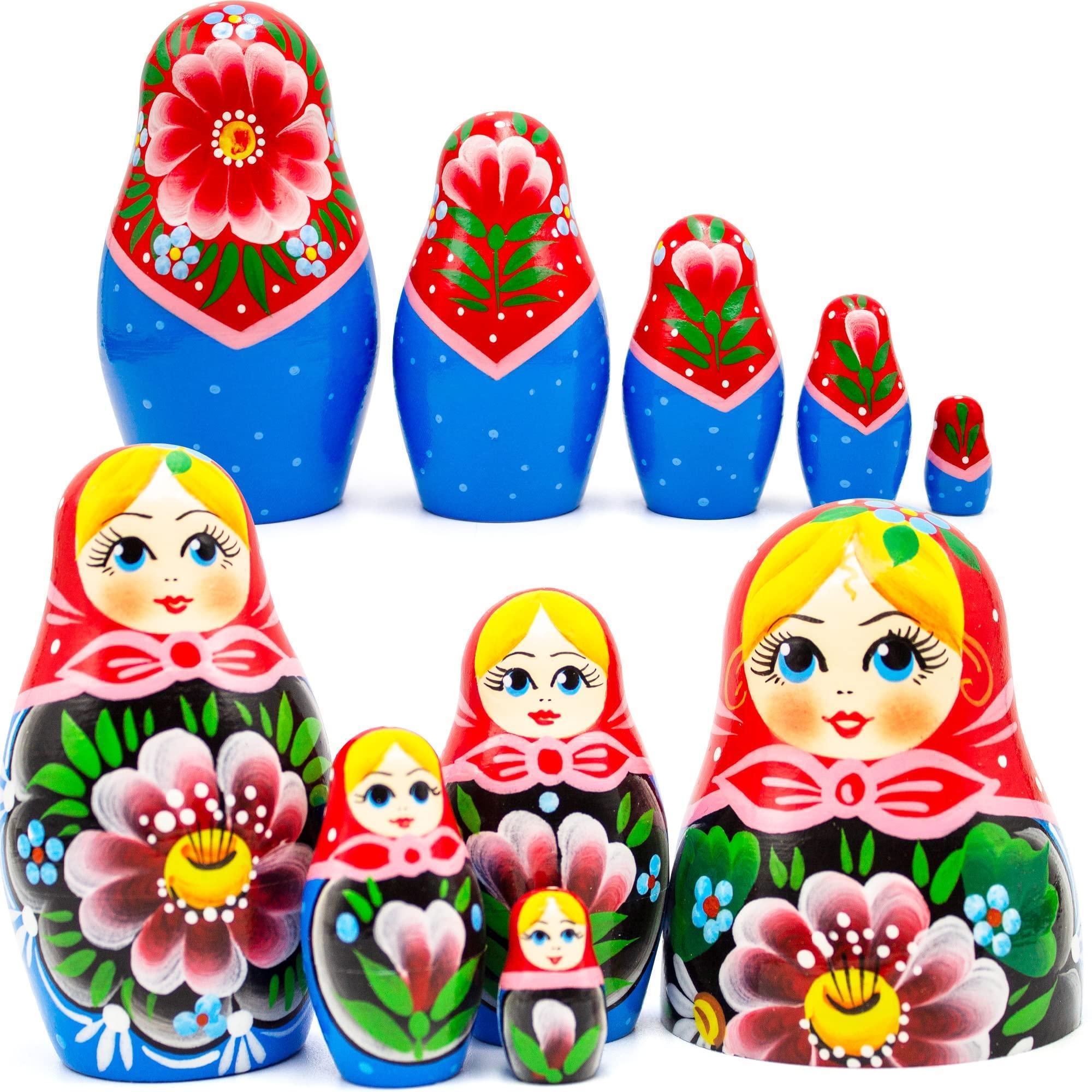 Traditional Russian Nesting Dolls Set 5 pcs Handmade Babushka Nesting Dolls with Flowers Matryoshka Doll with Flower Decororations Munecas Rusas