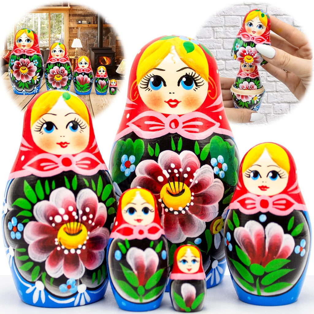 Traditional Russian Nesting Dolls Set 5 pcs Handmade Babushka Nesting Dolls with Flowers Matryoshka Doll with Flower Decororations Munecas Rusas