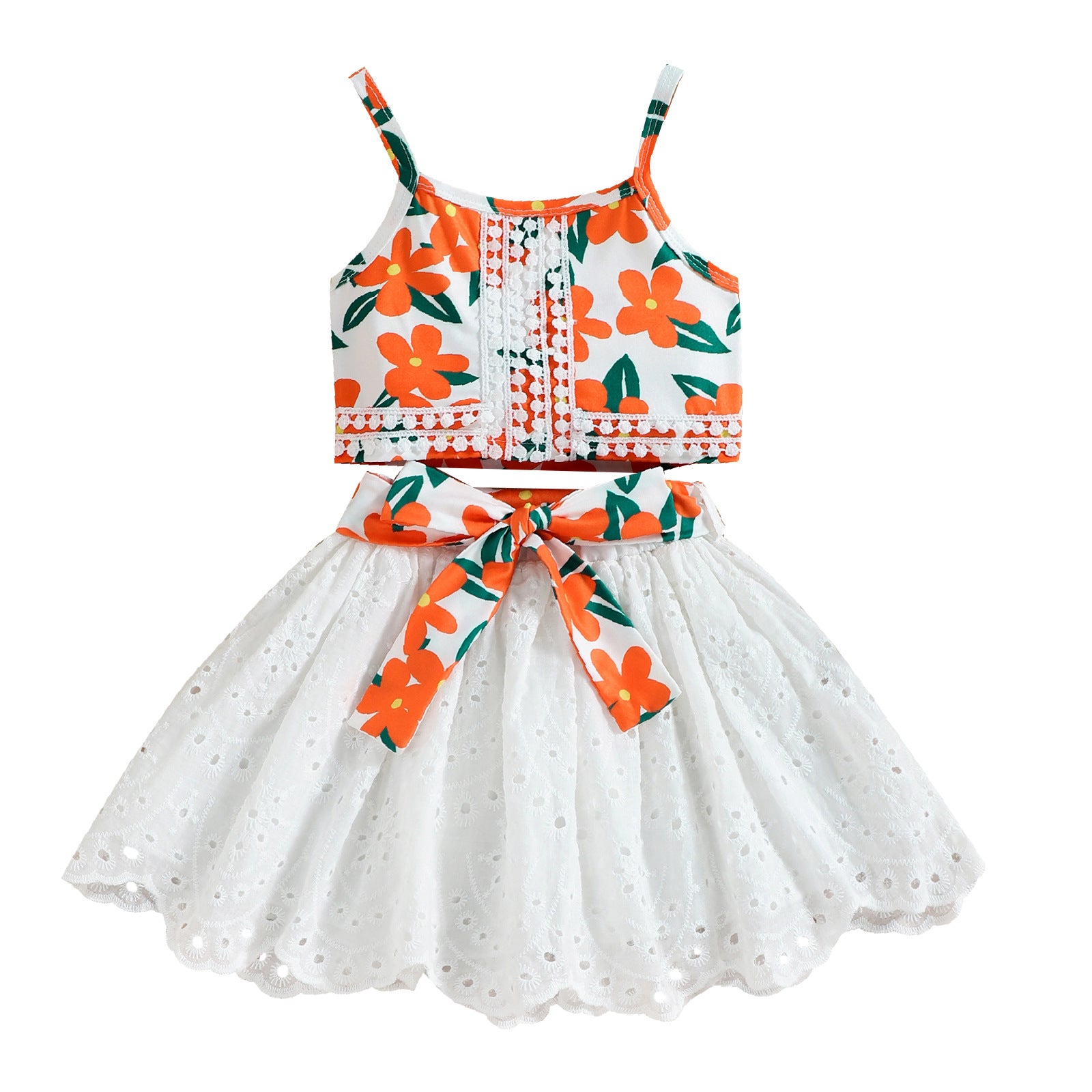 Summer Girls' Lace Strap Cotton Skirt Set for Ages 3-8