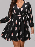 Trendy Plus Size Deep V-Neck Feather Print Dress
