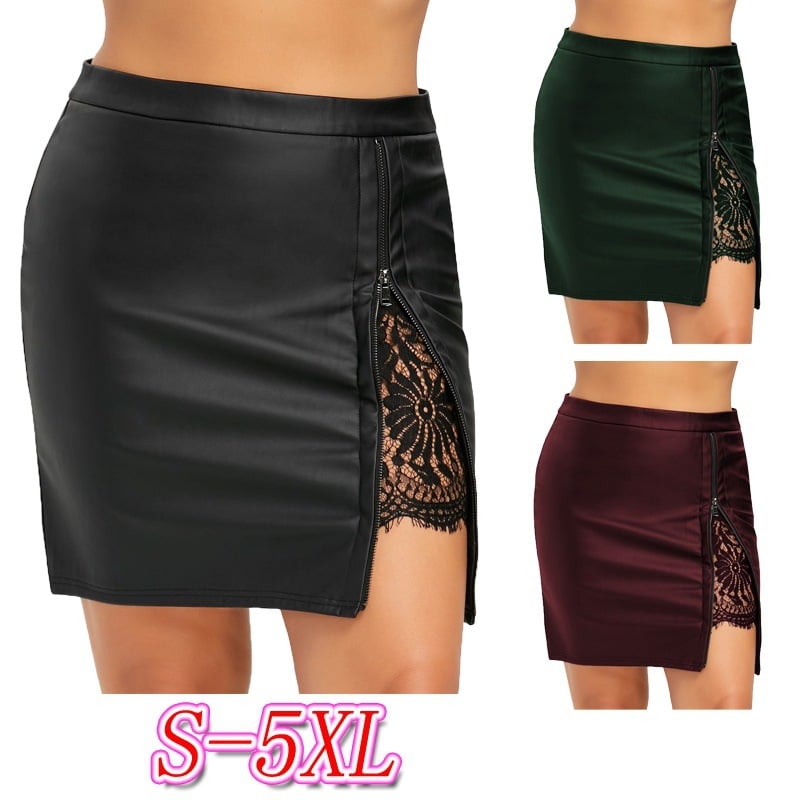 Lace Stitch Hip Half Waist Leather Skirt for Women