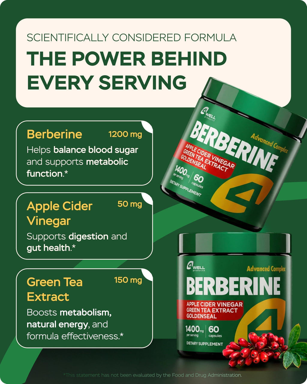 Berberine HCL 1200mg & Japanese Green Tea Extract 150mg Supplement for Metabolic Support with Apple Cider Vinegar & Goldenseal Body Composition Digestive & Immune Support 60 Capsules