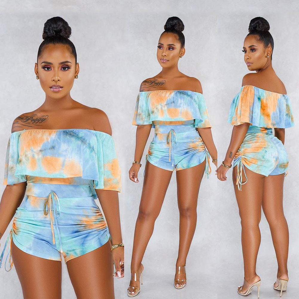 Camo Print Ruffle Hem Jumpsuit with Drawstring Pants
