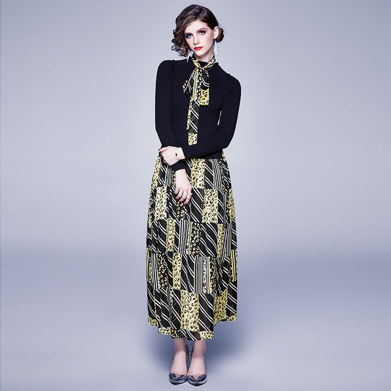 Black Dress with Long Sleeves and Color Block Design