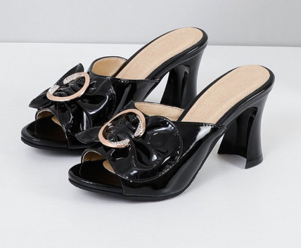 Thick-Heeled Rhinestone Sandals and Slippers