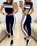 Colorblock Check Stripe Short Sleeve Top & Pants Set