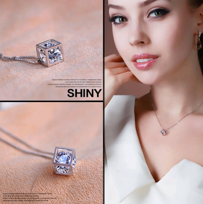 Diamond-Studded Cube Pendant Necklace for Women