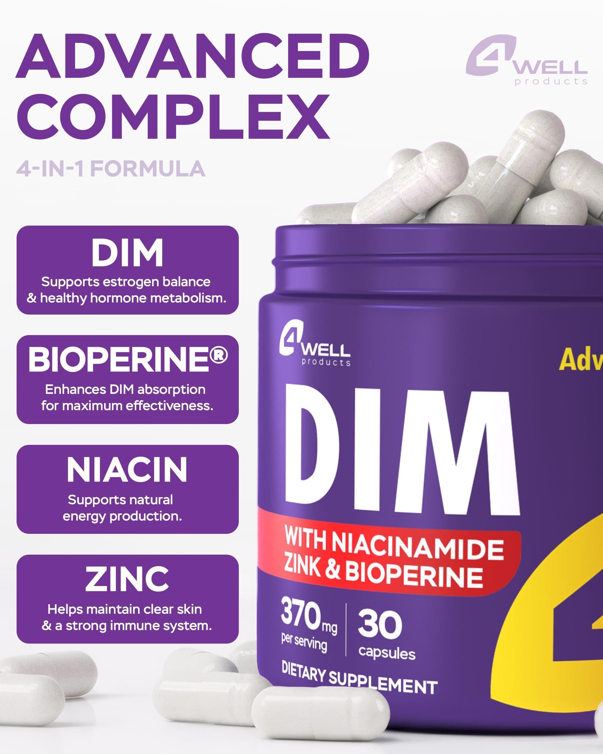 Dim Supplement 370mg Complex with Zinc Niacinamide Estrogen Blocker for Women & Men Hormone Balance Hormonal Acne Menopause and Antioxidant Support Diindolylmethane 30 Capsules