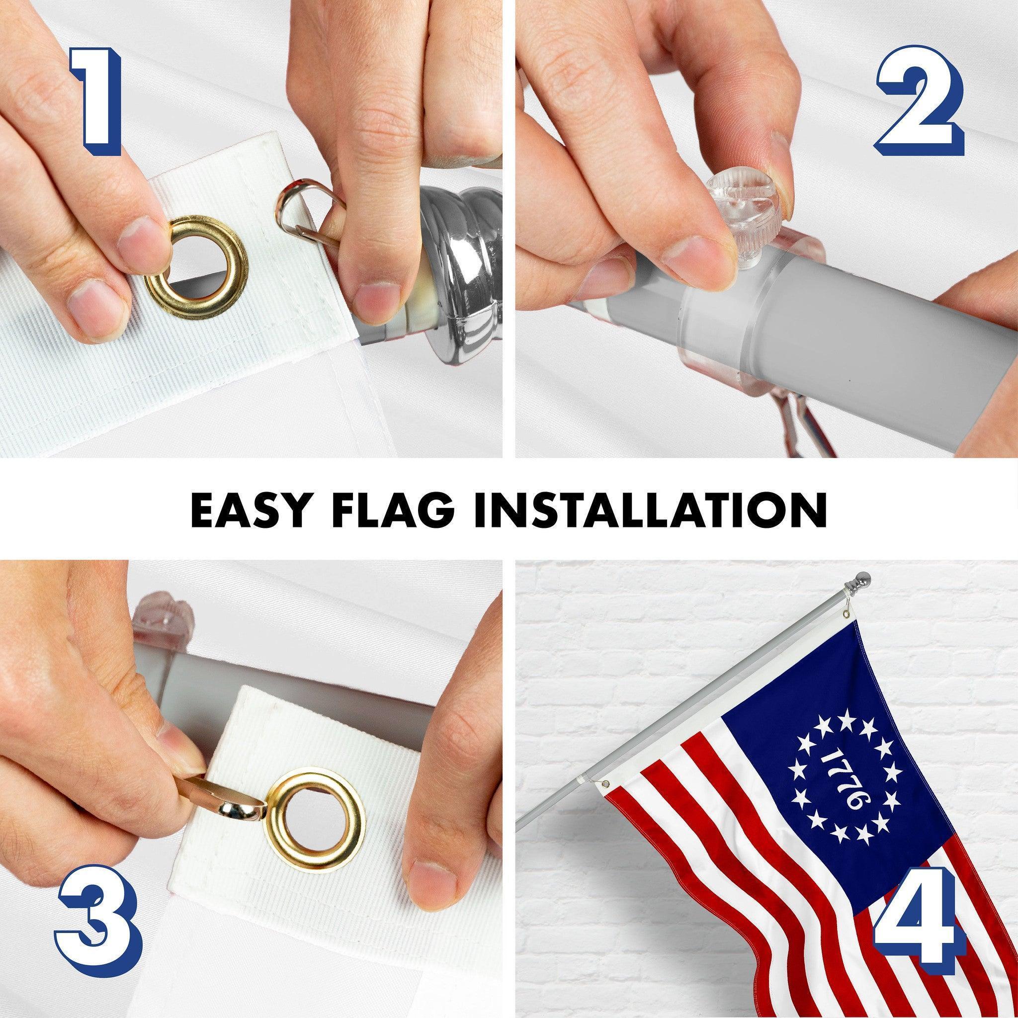 G128 Combo Pack: 6 Ft Tangle Free Aluminum Spinning Flagpole (Silver) & Betsy Ross 1776 Flag 3x5 Ft, ToughWeave Series Embroidered 300D Polyester  Pole with Flag Included