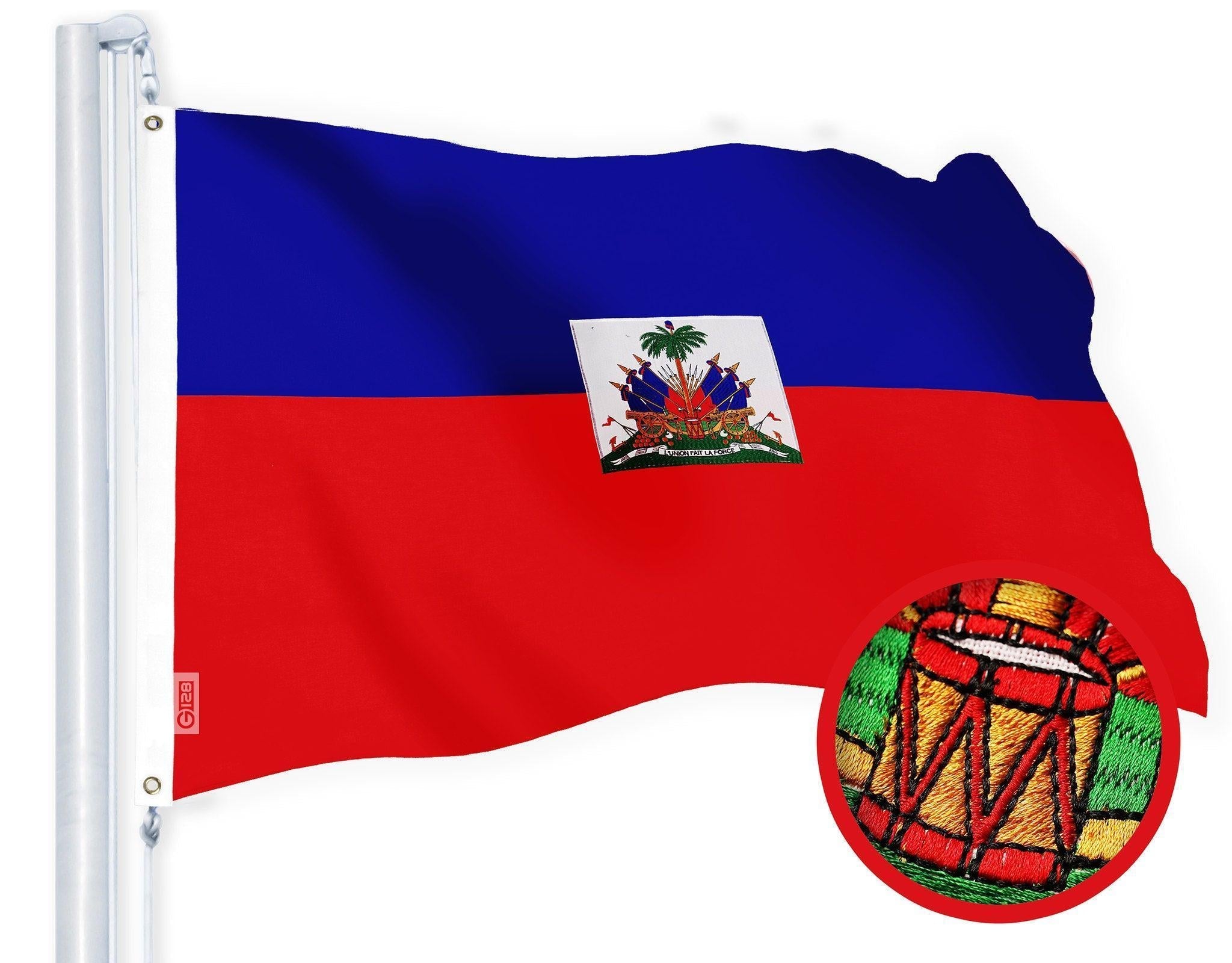 G128 Haiti Haitian Flag  2.5x4 Ft  StormFlyer Series Embroidered 220GSM Spun Polyester  Country Flag, Embroidered Design, Indoor/Outdoor, Brass Grommets, Heavy Duty, All Weather