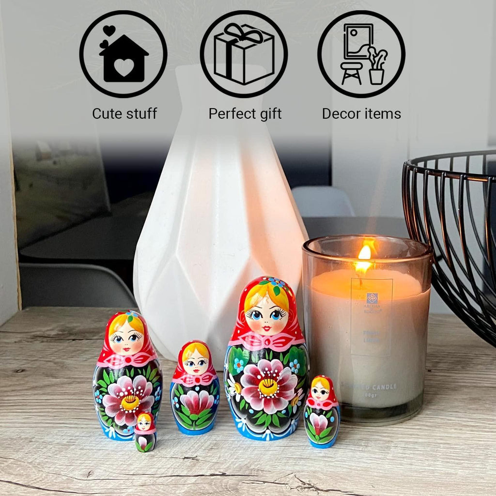 Traditional Russian Nesting Dolls Set 5 pcs Handmade Babushka Nesting Dolls with Flowers Matryoshka Doll with Flower Decororations Munecas Rusas