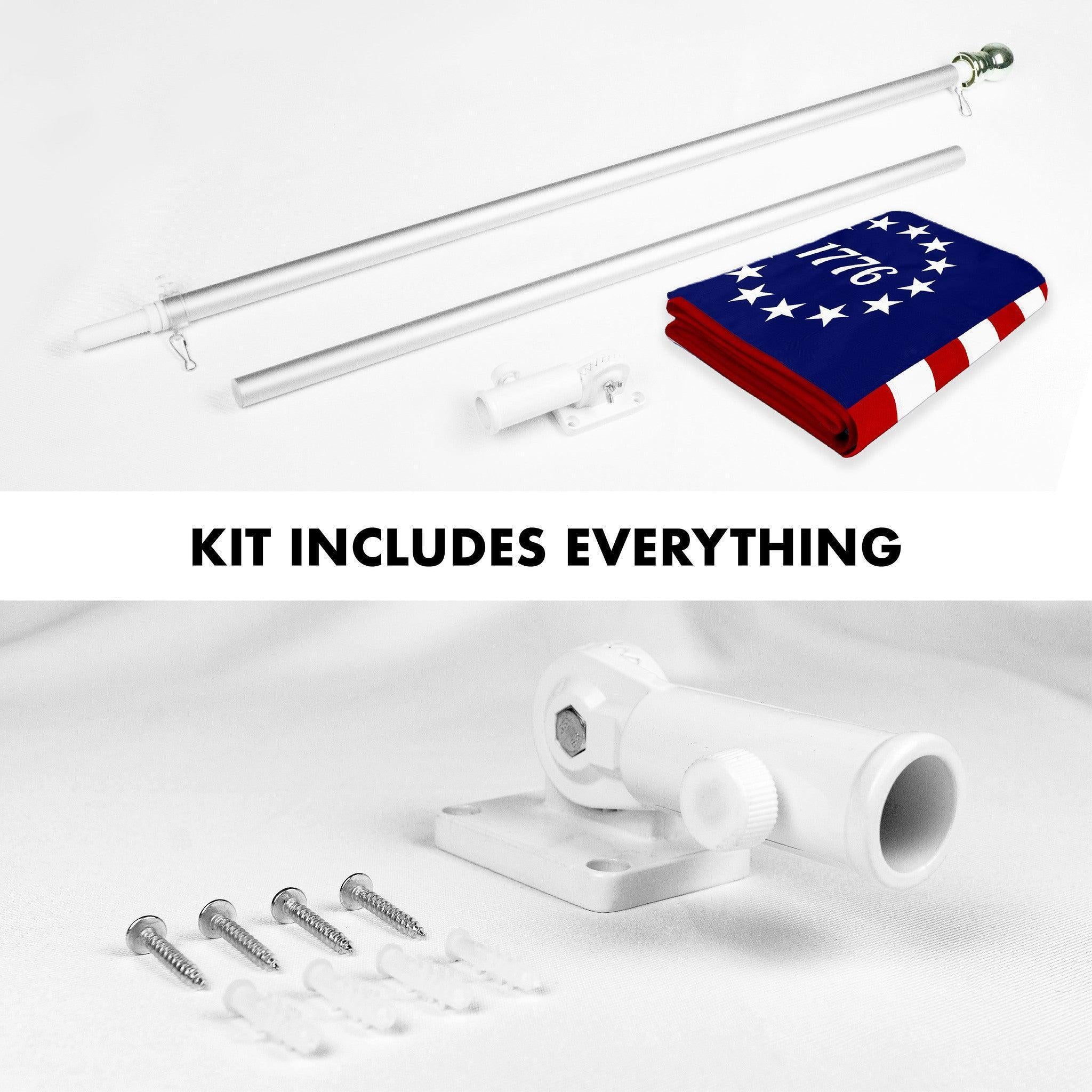 G128 Combo Pack: 6 Ft Tangle Free Aluminum Spinning Flagpole (Silver) & Betsy Ross 1776 Flag 3x5 Ft, ToughWeave Series Embroidered 300D Polyester  Pole with Flag Included