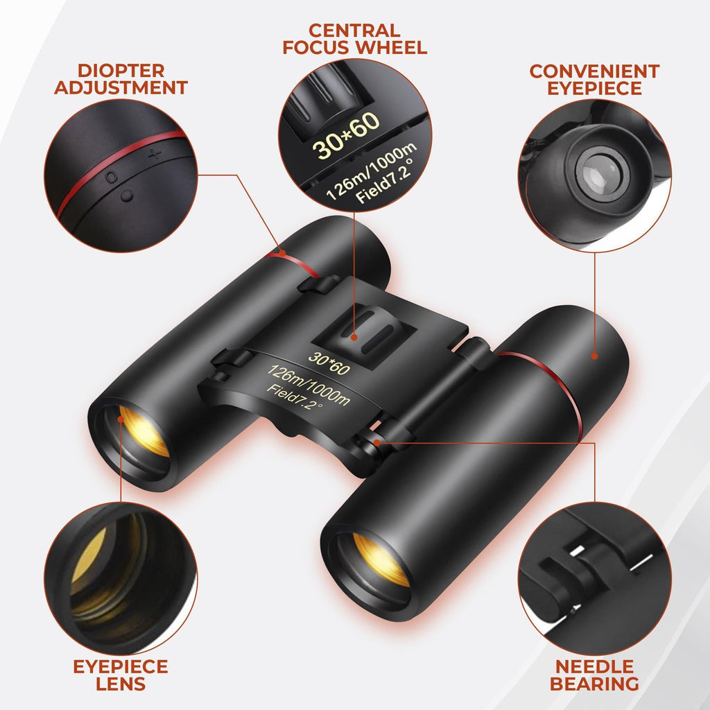 30x60 Travel Binoculars for Bird Watching Small Binoculars for Adults with 126M 1000M Wide Field of View 7.2° Angle & Storage Bag Designed for Hiking Birdwatching and Outdoor Adventures