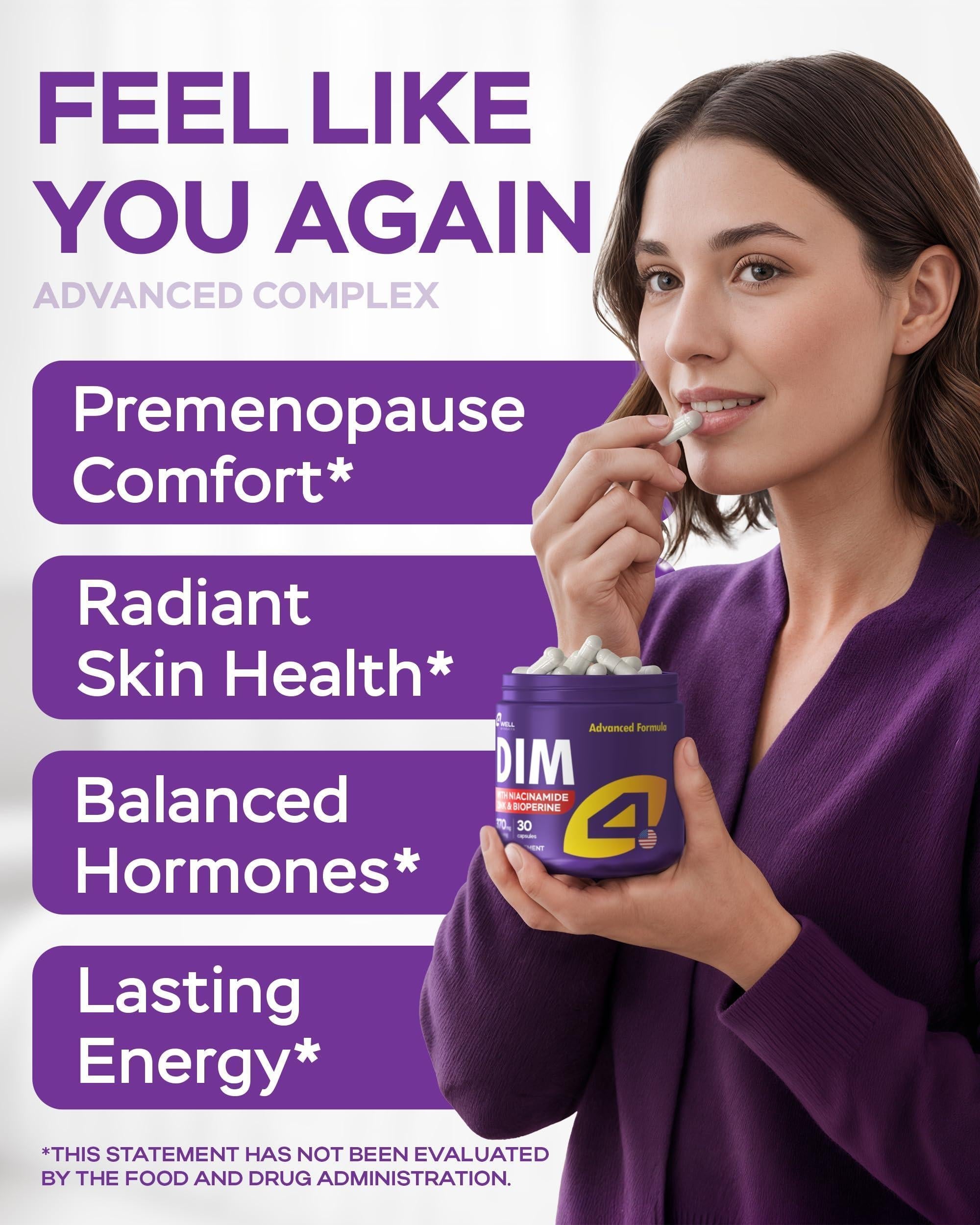 Dim Supplement 370mg Complex with Zinc Niacinamide Estrogen Blocker for Women & Men Hormone Balance Hormonal Acne Menopause and Antioxidant Support Diindolylmethane 30 Capsules