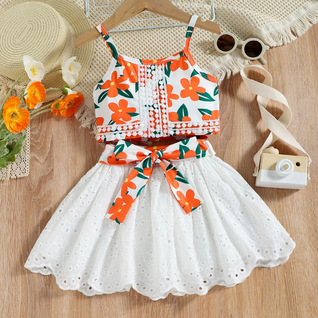 Summer Girls' Lace Strap Cotton Skirt Set for Ages 3-8
