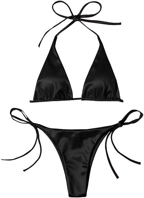 Metallic Halter Top Two-Piece Bikini Beachwear Set