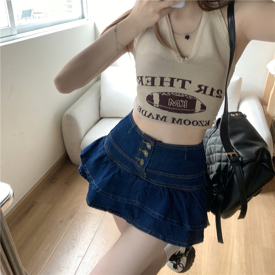 Retro Ruffled Denim Skirt for Women