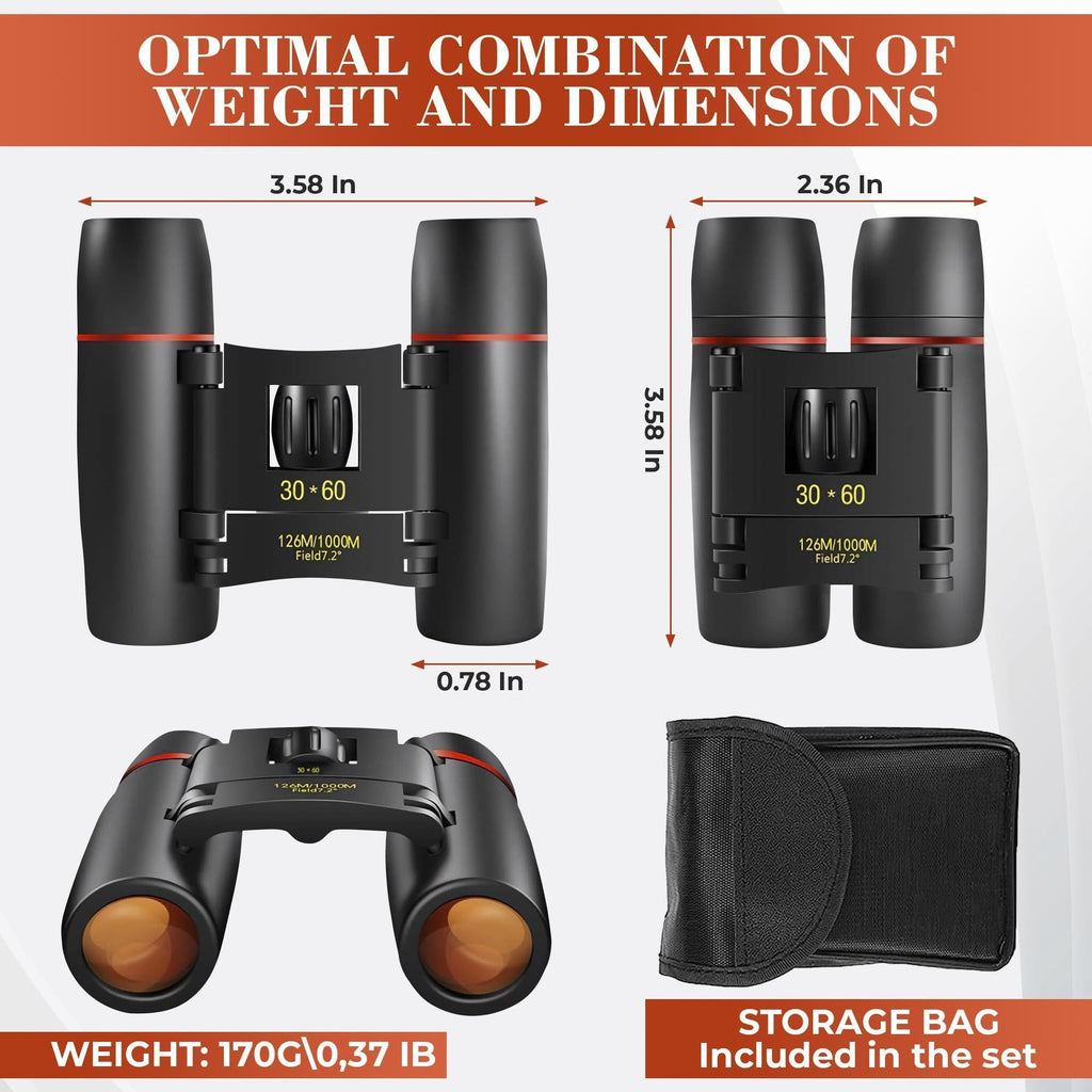 30x60 Travel Binoculars for Bird Watching Small Binoculars for Adults with 126M 1000M Wide Field of View 7.2° Angle & Storage Bag Designed for Hiking Birdwatching and Outdoor Adventures