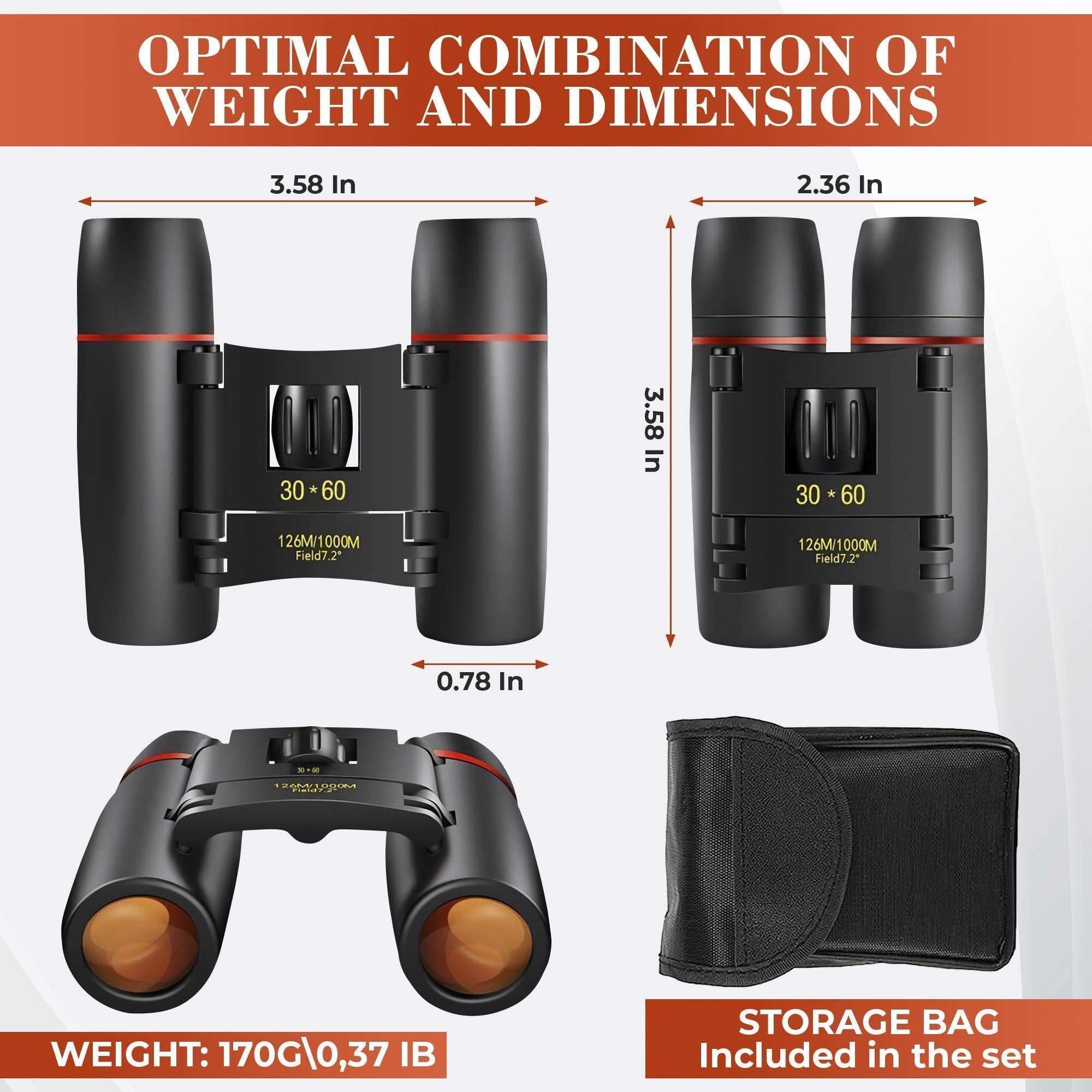 30x60 Travel Binoculars for Bird Watching Small Binoculars for Adults with 126M 1000M Wide Field of View 7.2° Angle & Storage Bag Designed for Hiking Birdwatching and Outdoor Adventures