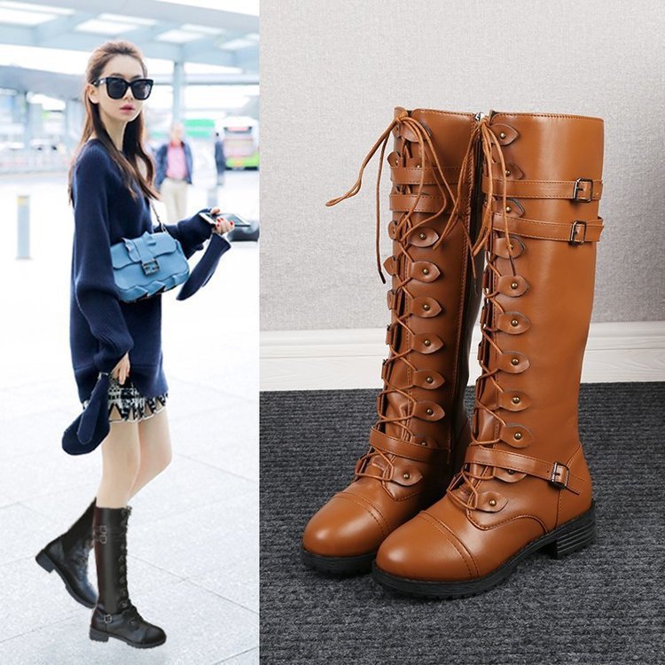 Round Toe Mid-Heel Lace-Up Over-the-Knee Boots