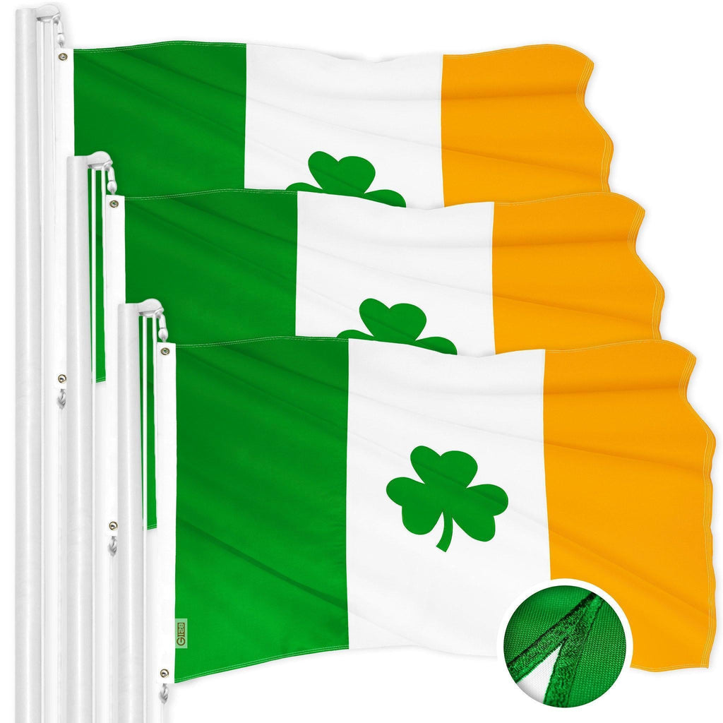 G128 3 Pack: Ireland Irish Shamrock Flag  2.5x4 Ft  ToughWeave Series Embroidered 300D Polyester  Embroidered Design, Indoor/Outdoor, Brass Grommets