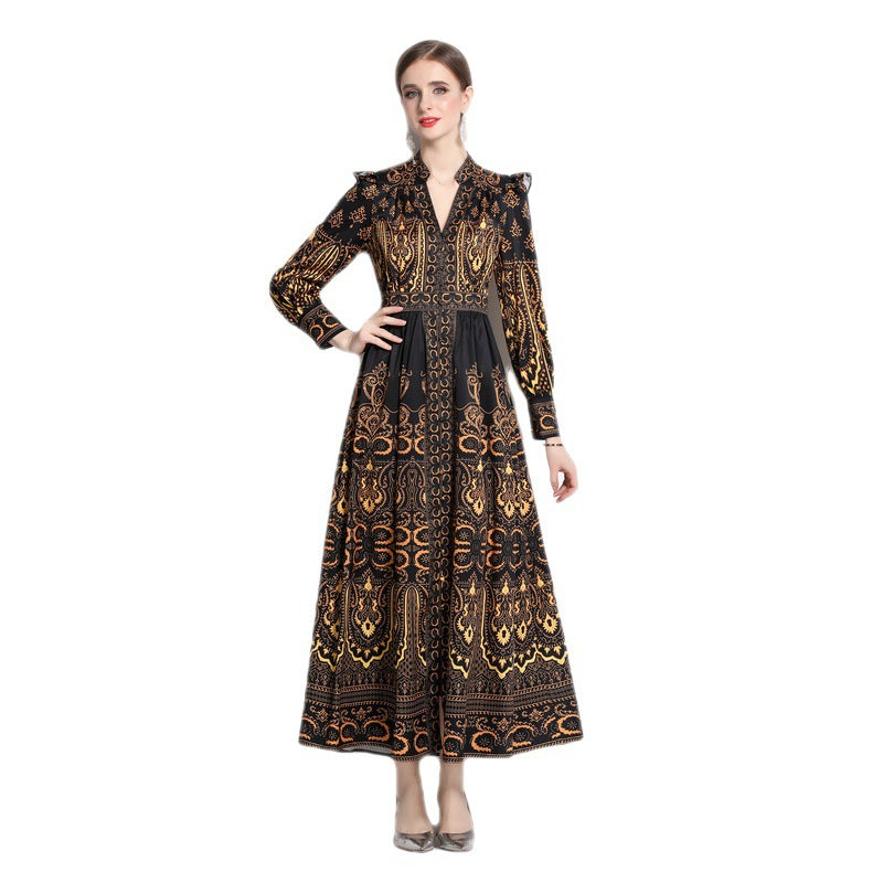 Vintage Court Style V-neck Lantern Sleeve Dress